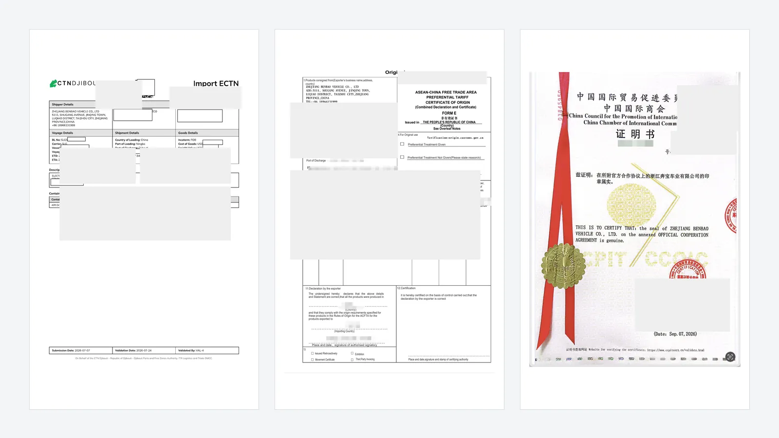 Exemplos com dados ocultos de um ECTN, um certificado de origem China-ASEAN Formulário E e um certificado CCPIT